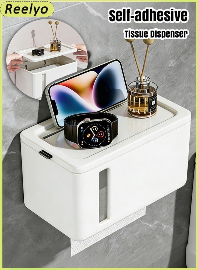 Reelyo Wall-Mounted Tissue Holder Punch-Free Self Adhesive Tissue Dispenser Transparent Punch-Free Bathroom Toilet Paper Case Phone Rack Clear Tissue Storage with storage function For Bathroom Living Room Bedroom  Office White - Image 1